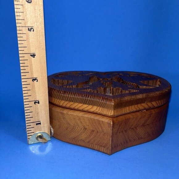 Hand Made Wooden Heart Shaped Puzzle Trinket Box Carved Floral Design Cover - Picture 7 of 7